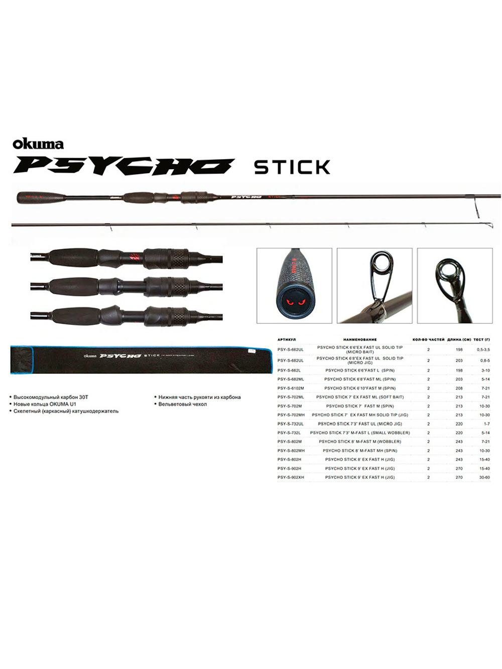 Спиннинг OKUMA Psycho Stick 7'3'' L 220см, 5-14гр, 2 секции M-Fast