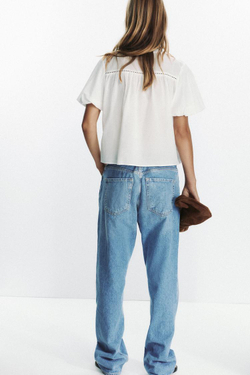 ZARA БЛУЗА С РУКАВАМИ СО СБОРКОЙ ПО НИЗУ, БЕЛЫЙ