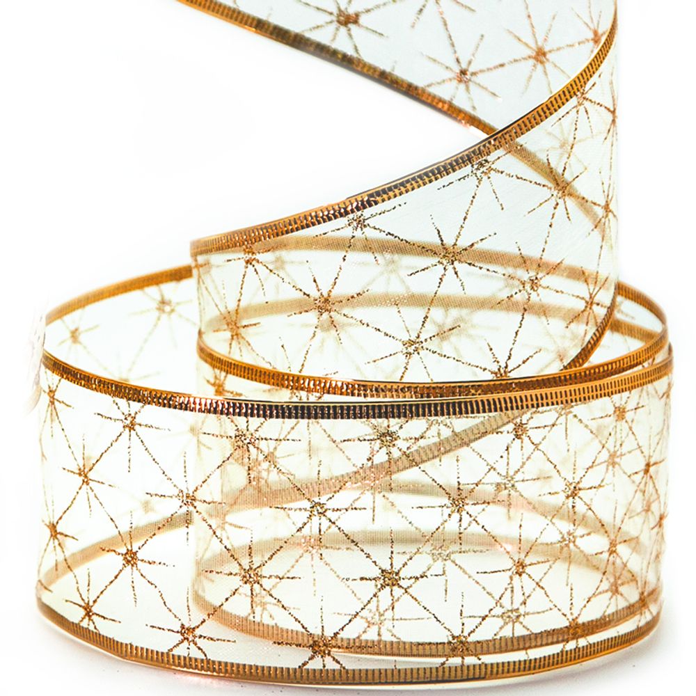 Лента декоративная (6 см*2,74 м) Ассорти дизайнов, Органза, Золото, 1 шт.