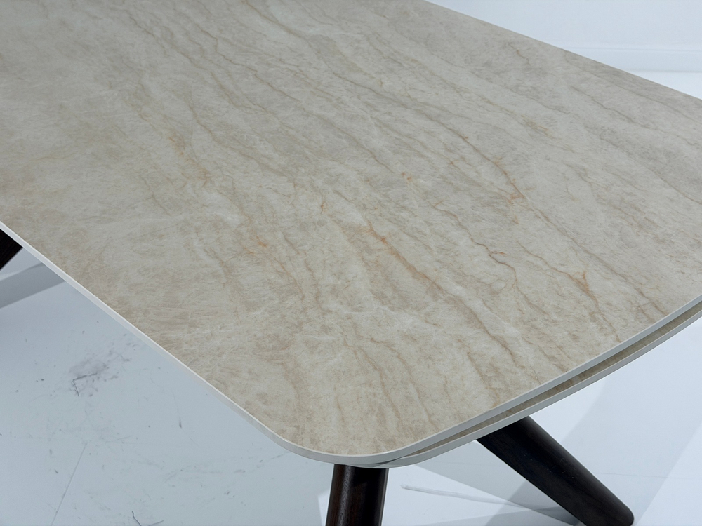 Стол КИРАН (KIRAN) 180 БЕЖЕВЫЙ МРАМОР (MATTE SICILY BEIGE SOLID CERAMIC) / Орех темный, ®DISAUR