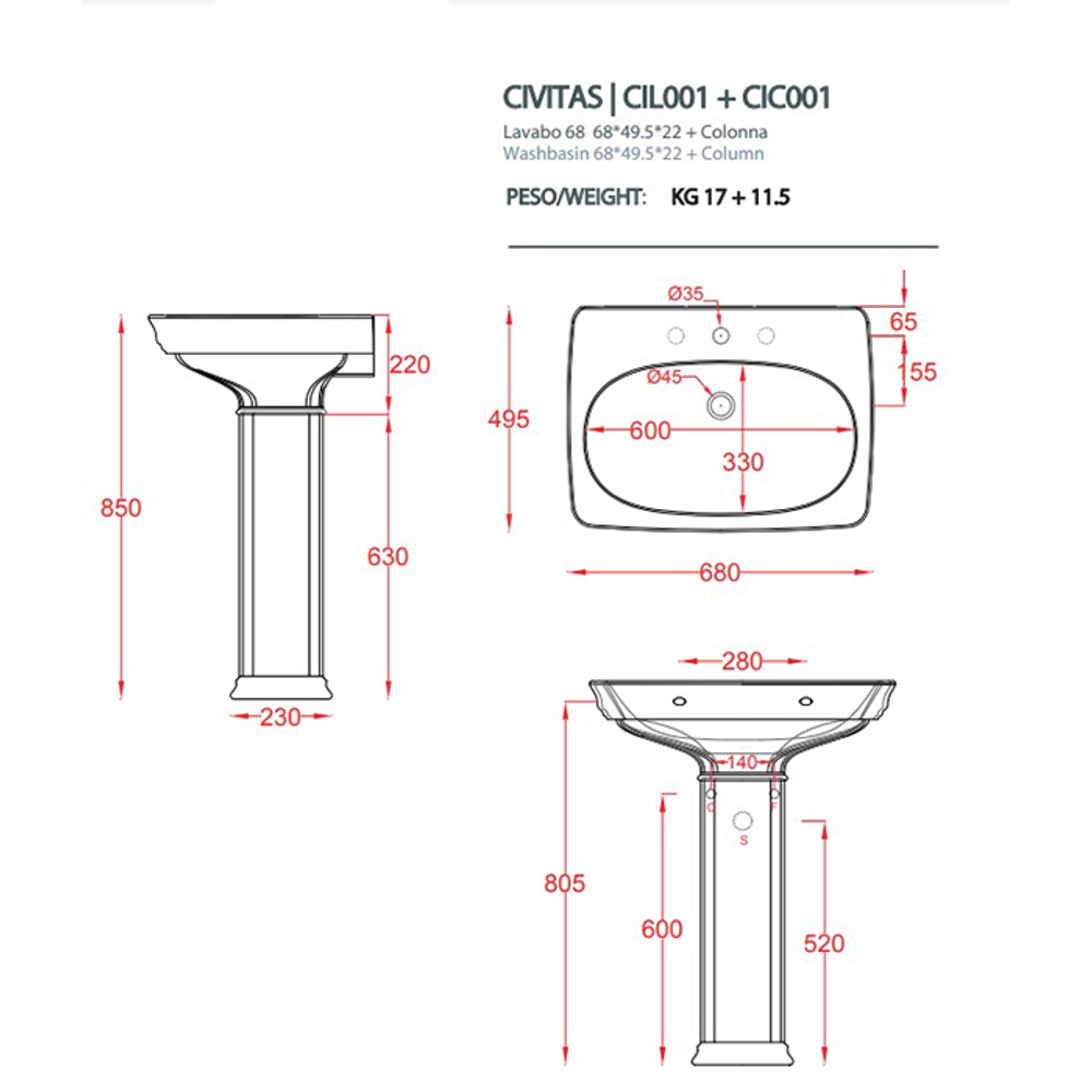 Раковина Artceram Civitas CIL001 01 00 *1 подвесная 68 см, цвет белый