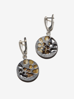 Уникальный серебряный комплект с цельным пейзажным янтарем, серебро 925 пробы