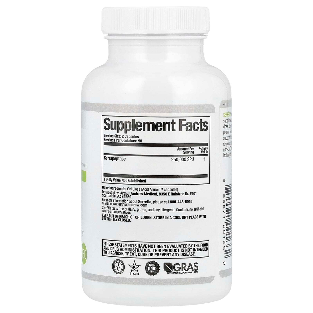 Arthur Andrew Medical, Serretia®, чистая серрапептаза, 180 капсул (125 000 SPU в 1 капсуле)