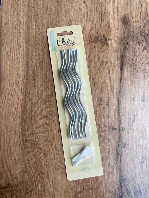 Свечи Коктейльные, Тонкие спирали, Серебро, Металлик, 0,3*14,5 см, 6 шт. с держат.