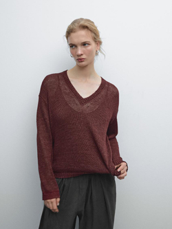 Massimo Dutti Свитер из 100% льна ажурной вязки, терракотовый