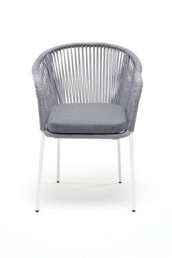 "Лион" стул плетеный из роупа, каркас из стали белый муар, роуп светло-серый круглый, ткань светло-серая