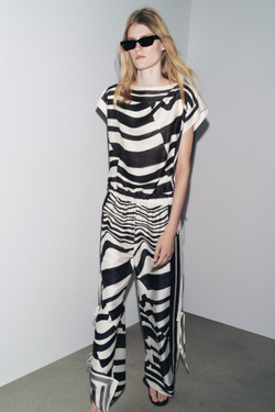 ZARA ТОП С ПРИНТОМ ZW COLLECTION, ЧЕРНЫЙ/ЭКРЮ