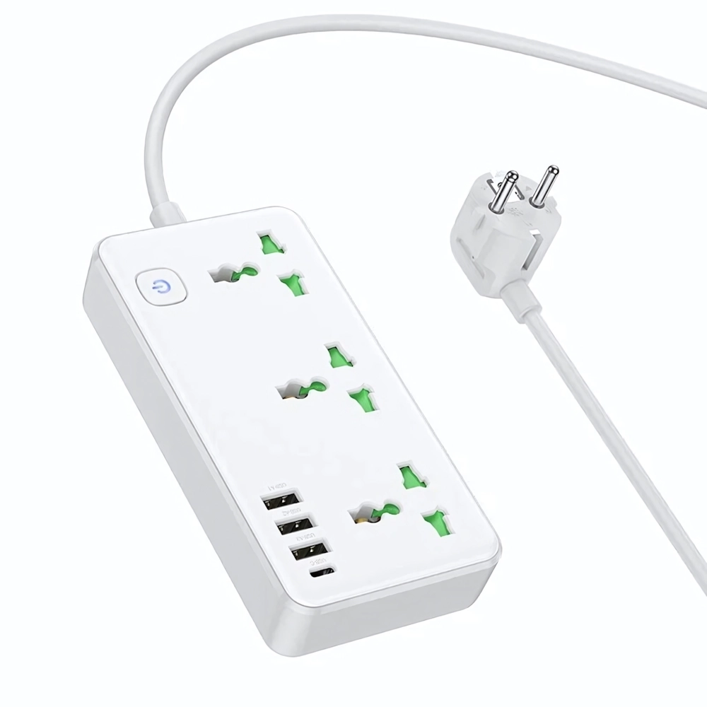 Фильтр сетевой HOCO AC7, 250V/10A 3 розетки, 17W 3.4A Type-C+3xUSB, 1.5m White