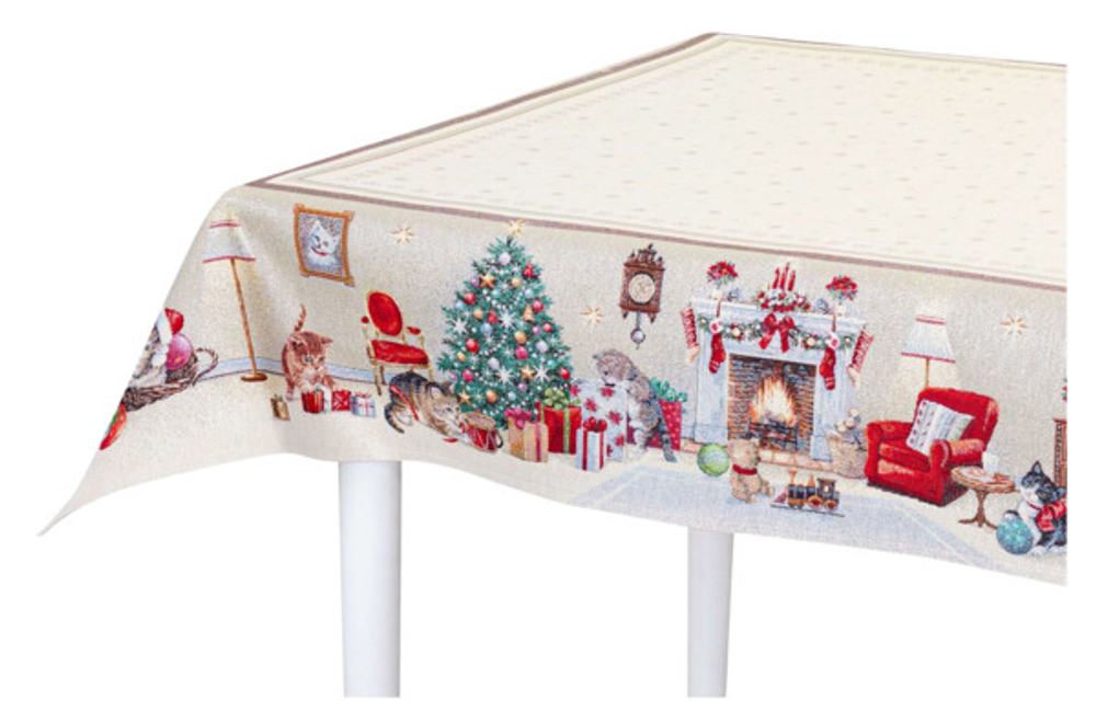 Скатерть квадратная 140х140см Mix&Match Home Котята у камина бежевая