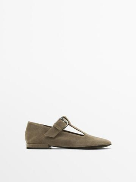 Massimo Dutti Туфли на плоской подошве с ремешком и пряжкой, кротовый