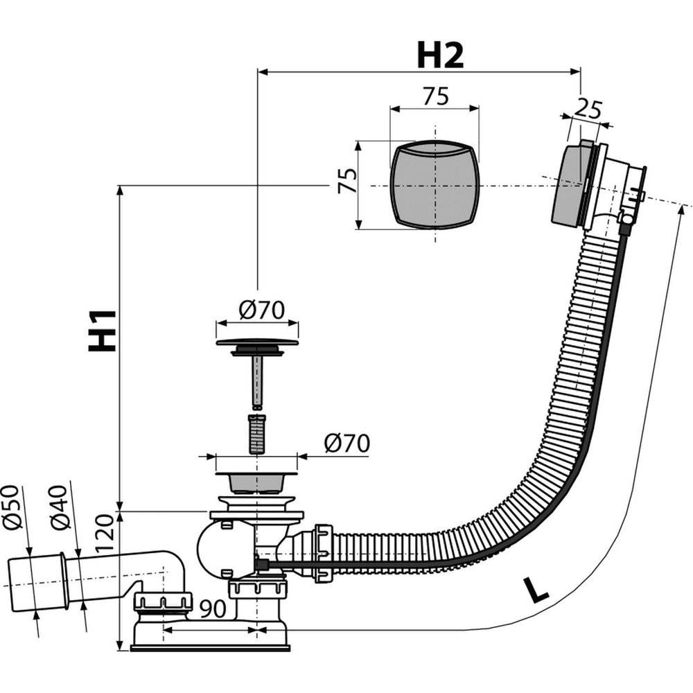 Обвязка для ванны полуавтомат пласт.хром пробка 70мм A51CRM Alcadrain