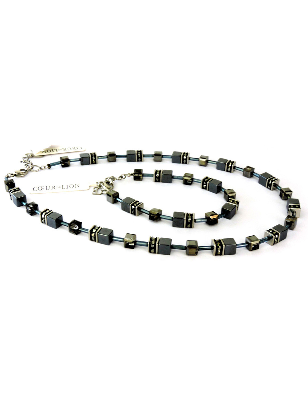 4635 Coeur de Lion браслет и колье с гематитом и черными кристаллами Сваровски.