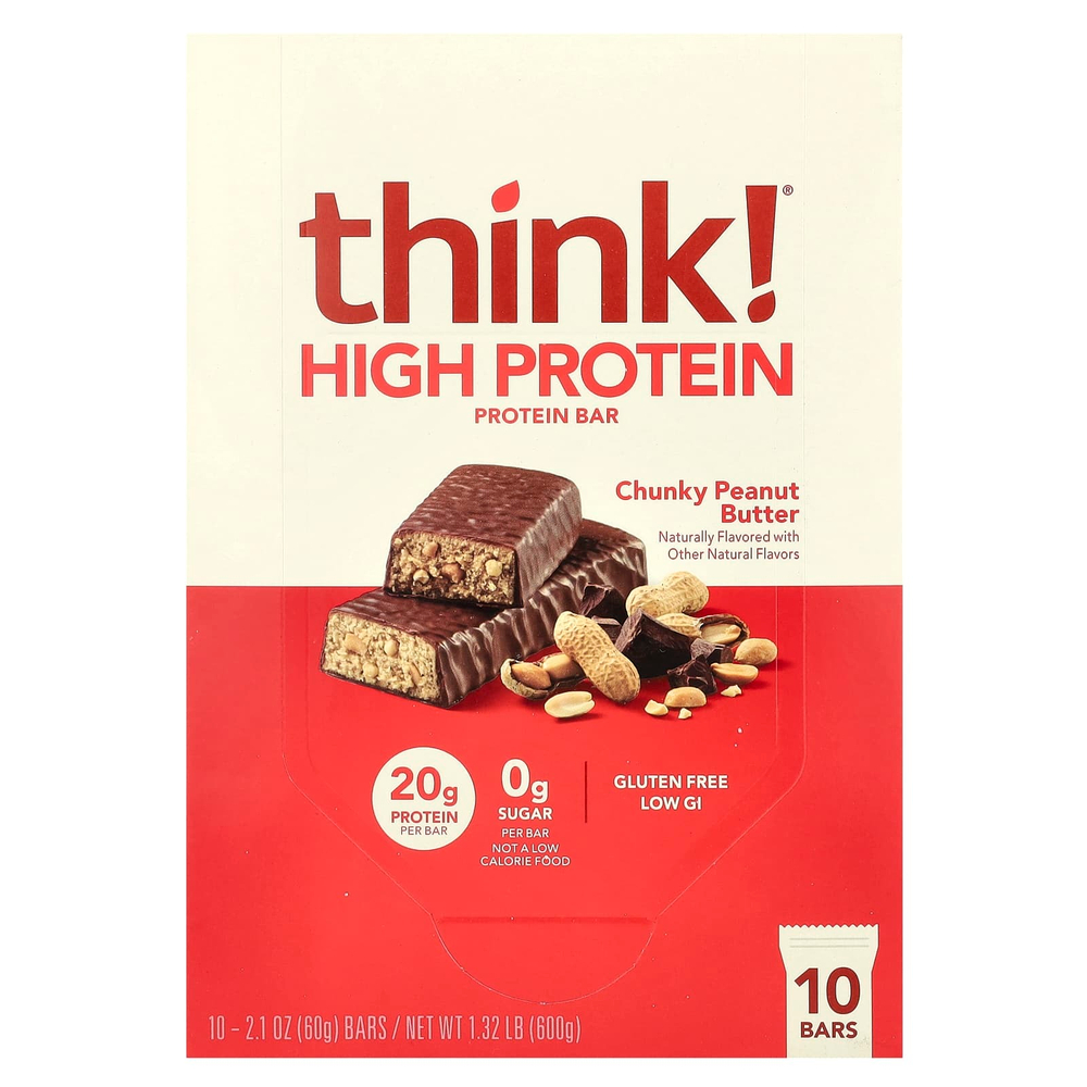 Think !, Высокопротеиновые батончики, кусочки арахисовой пасты, 10 батончиков по 60 г