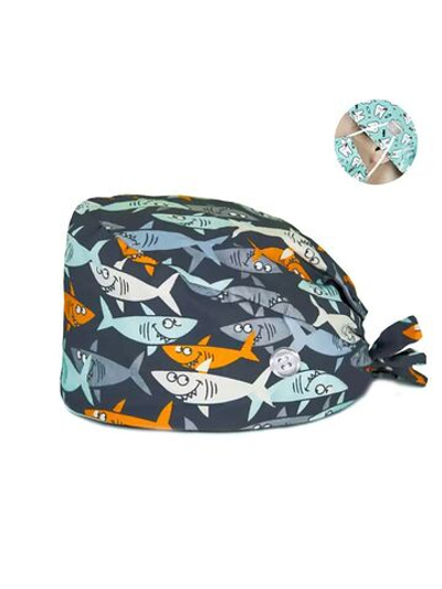 Шапочка медицинская, принт "Акулы", серая