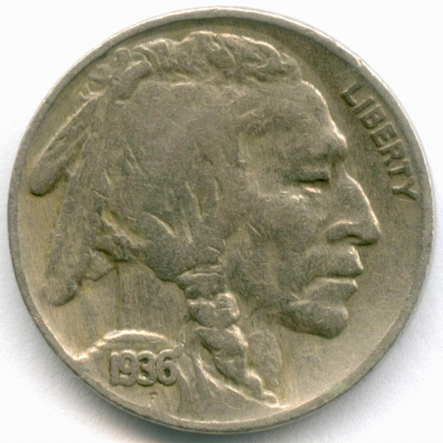 5 центов 1936 год (без знака - Philadelphia). США. Индеец с бизоном. Медно-никель VF