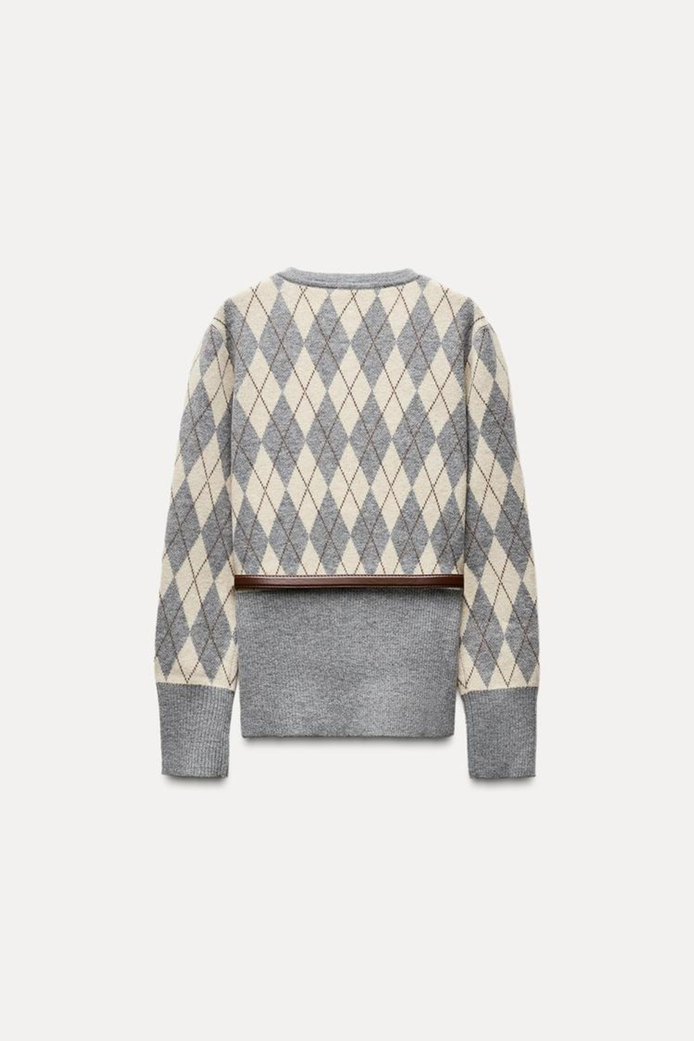 ZARA КАРДИГАН С УЗОРОМ «РОМБЫ» И РЕМНЕМ, НАТУРАЛЬНЫЙ СЕРЫЙ