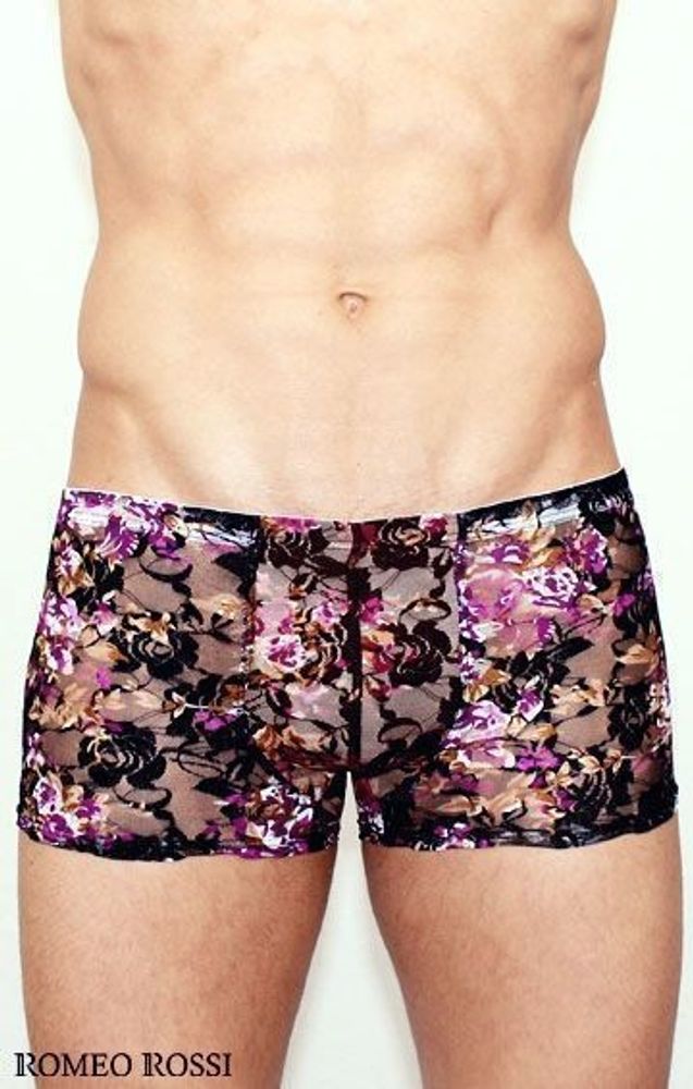 Мужские трусы боксеры черные с пурпурными розами Romeo Rossi Rose Boxer RR00232