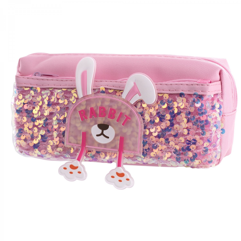 Пенал - косметичка Alingar, ПВХ, пайетки, молния, боковой карман, 90 х 200 мм, "Rabbit", розовый (ушки и лапки)