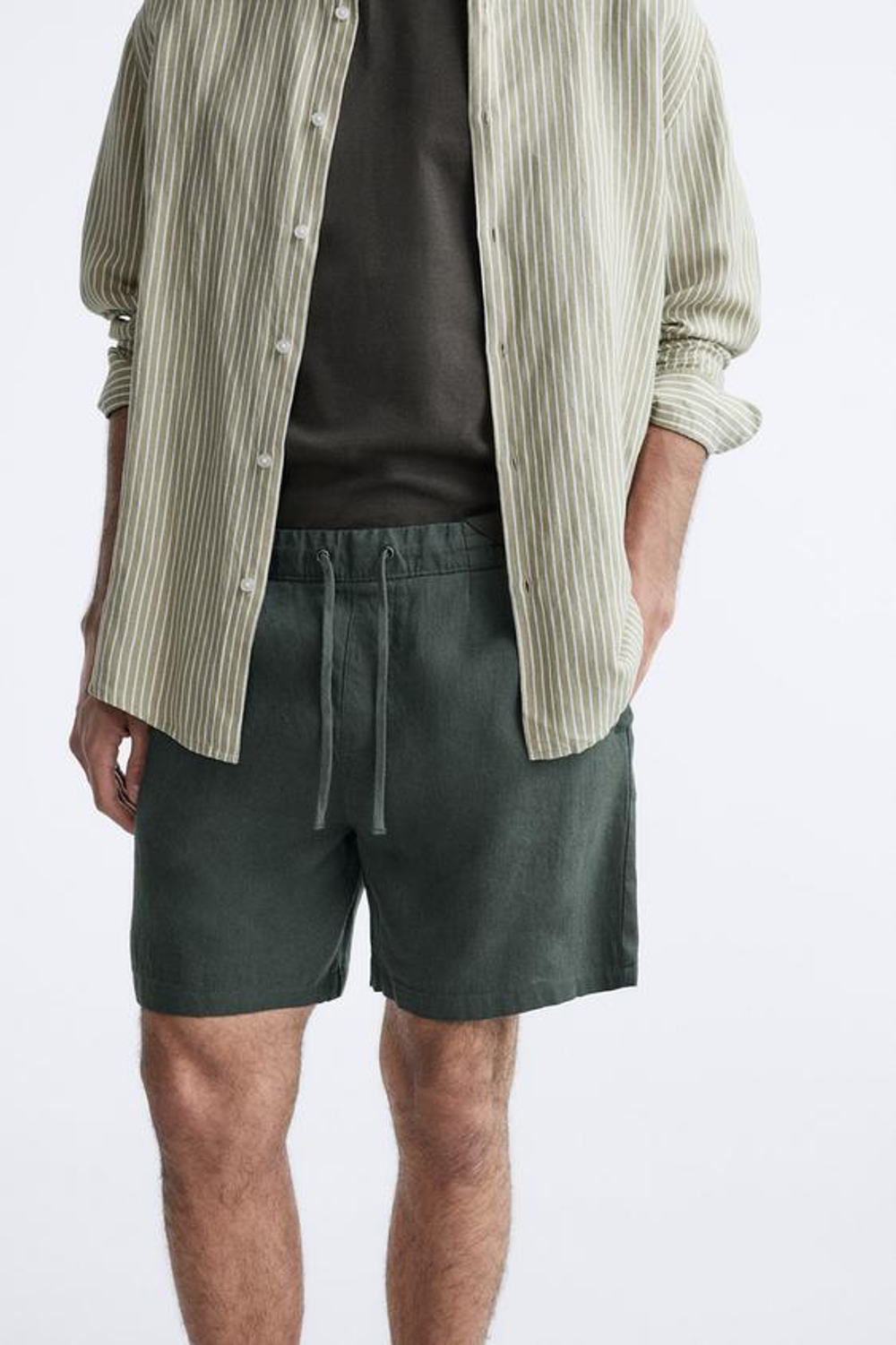 ZARA ШОРТЫ ИЗ ХЛОПКА И ЛЬНА, ЗЕЛЕНЫЙ