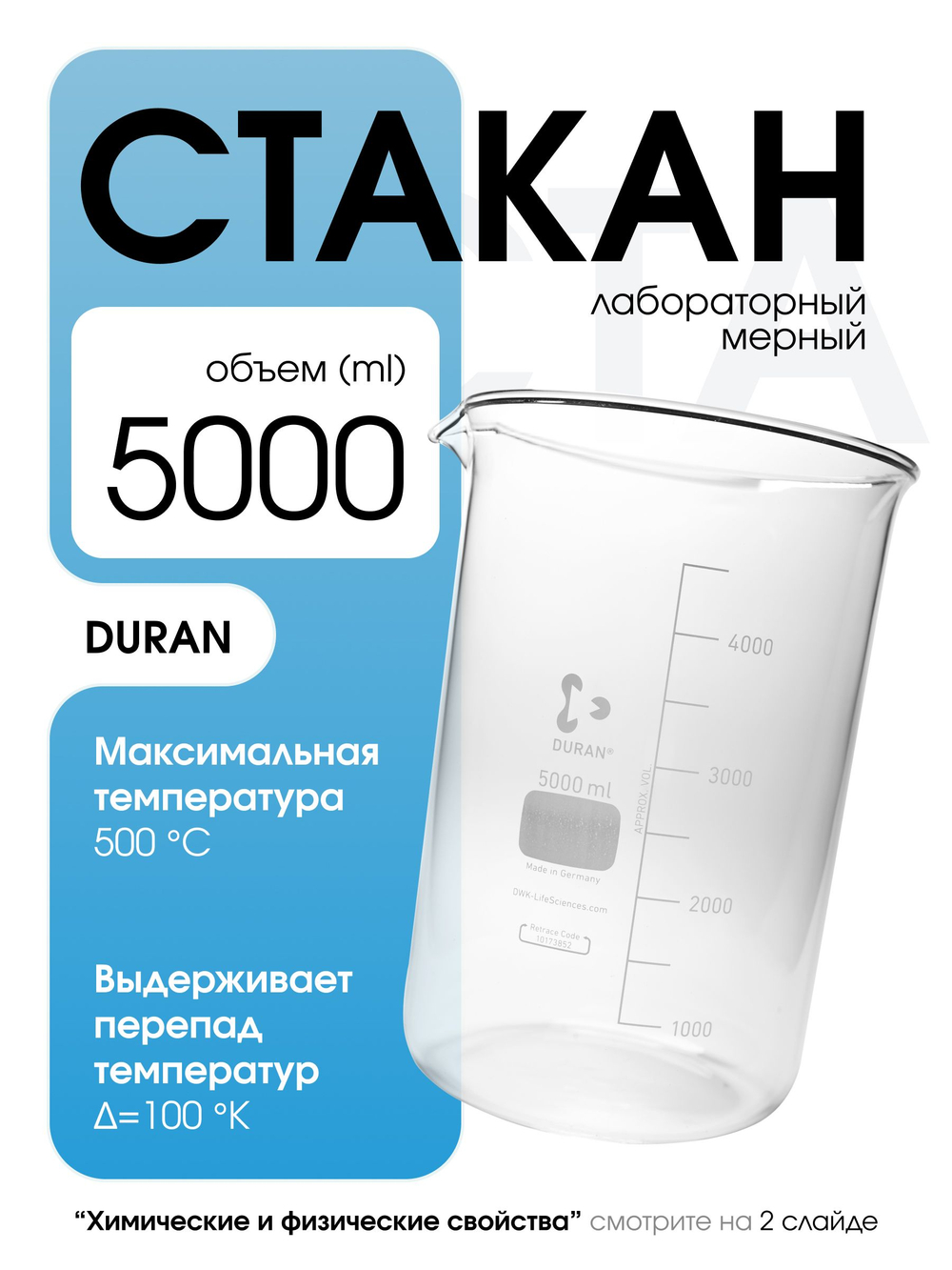 Стакан мерный стеклянный лабораторный DURAN 5000 мл
