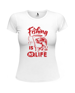 Футболка рыбака Fishing is my life женская приталенная белая с красным рисунком