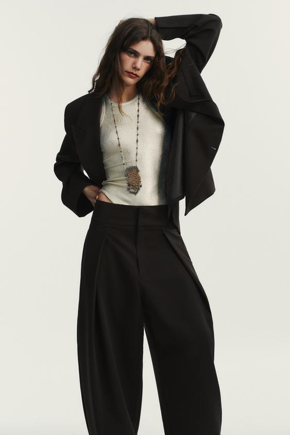 ZARA БРЮКИ-БАЛЛОНЫ СО СКЛАДКАМИ, ТЕМНО-БАКЛАЖАНОВЫЙ