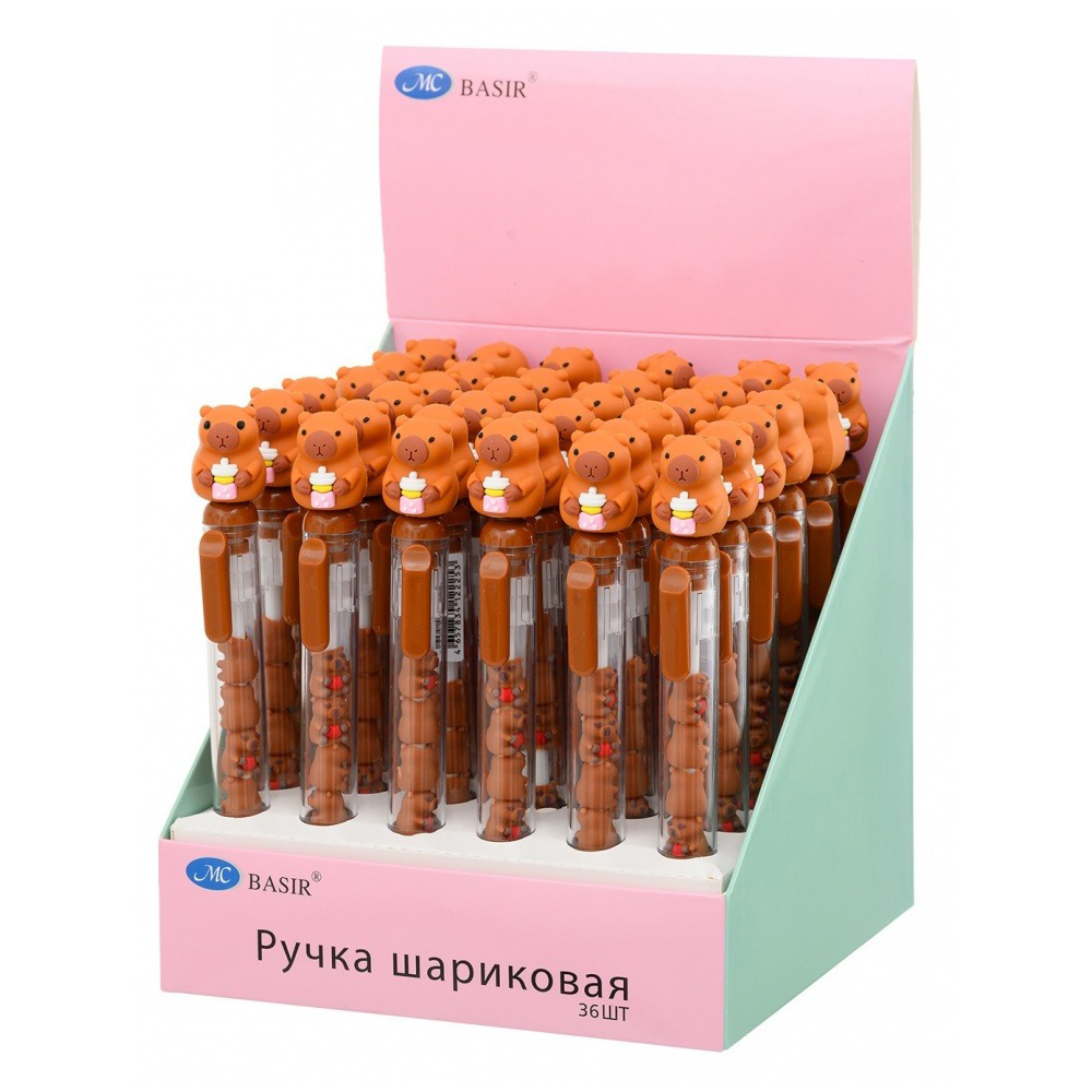 Ручка шариковая, автоматическая, Basir, синие чернила, серия "Капибара", с фигурками в корпусе и игрушкой, 36 шт