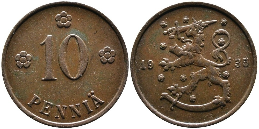 Финляндия 10 пенни, 1919 - 1940 Лев XF