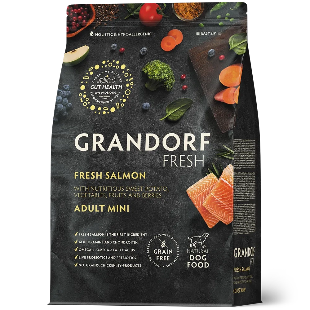 Grandorf Fresh, Fresh Salmon & Adult Mini для собак мелких пород (Свежее филе лосося с бататом)