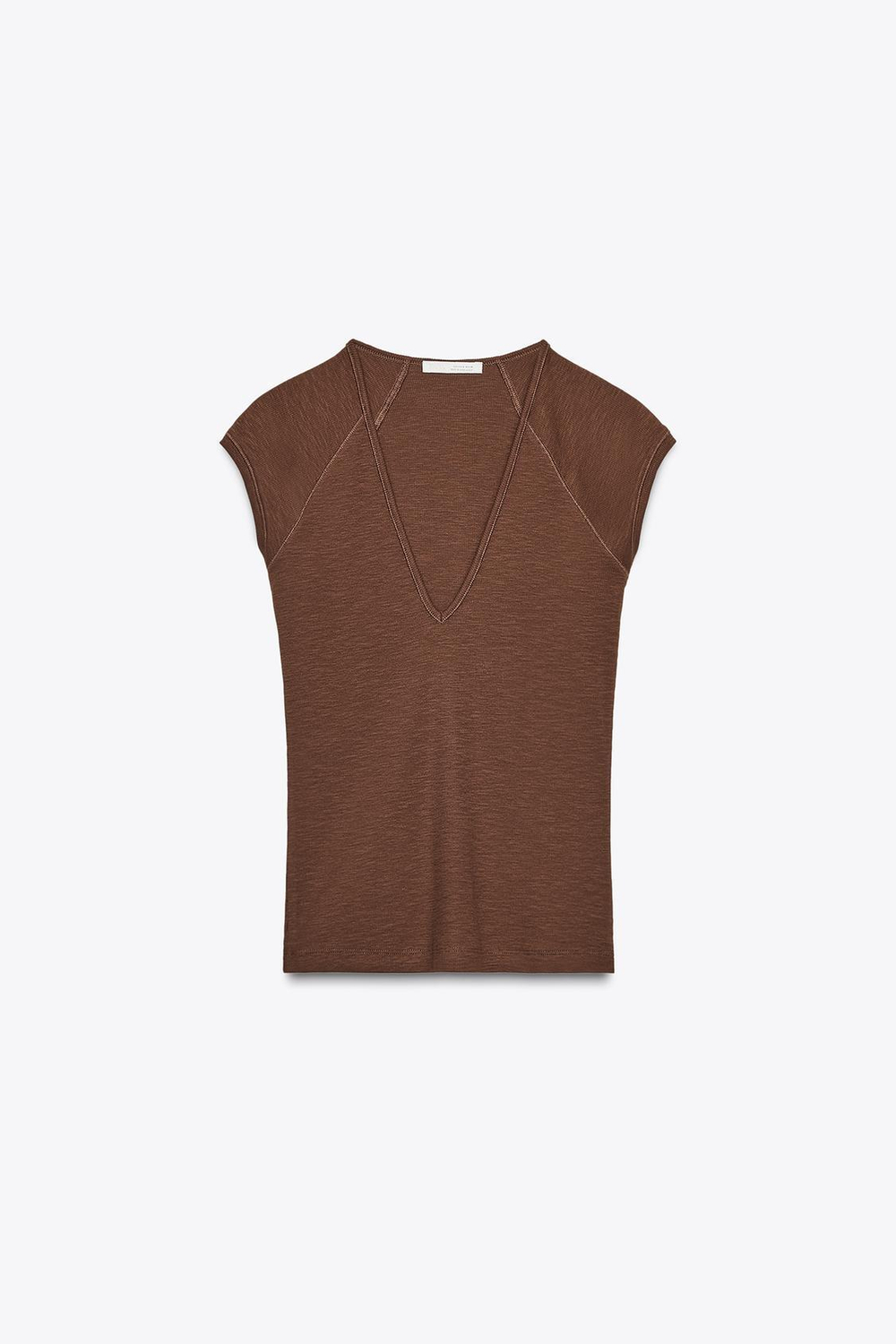 ZARA ФУТБОЛКА В РУБЧИК С V-ОБРАЗНЫМ ВЫРЕЗОМ, ШОКОЛАДНЫЙ