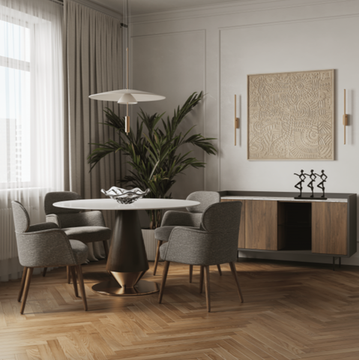 Обеденный стол New Island диаметр 120 столешница камень, ножка дерево и сталь