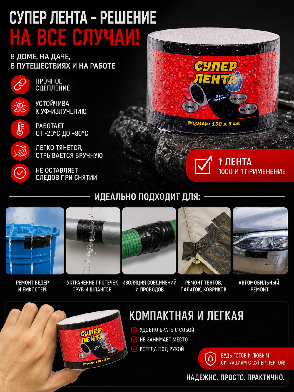 Лента клейкая водостойкая ФИКС ПРО, 150*5 см, чёрная