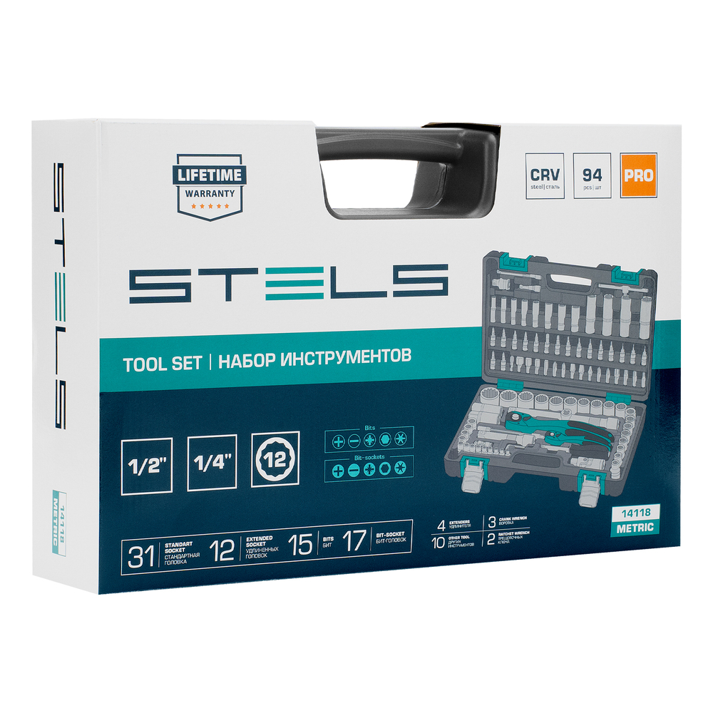 Набор инструментов 1/2", 1/4", CrV, 12 гранные головки, пластиковый кейс, 94 предмета Stels