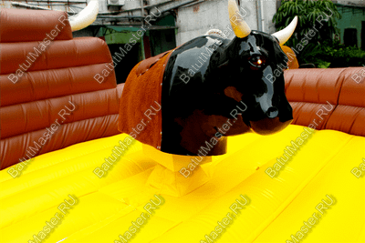 Надувной аттракцион Родео, бык+батут, черный с имитацией под кожу