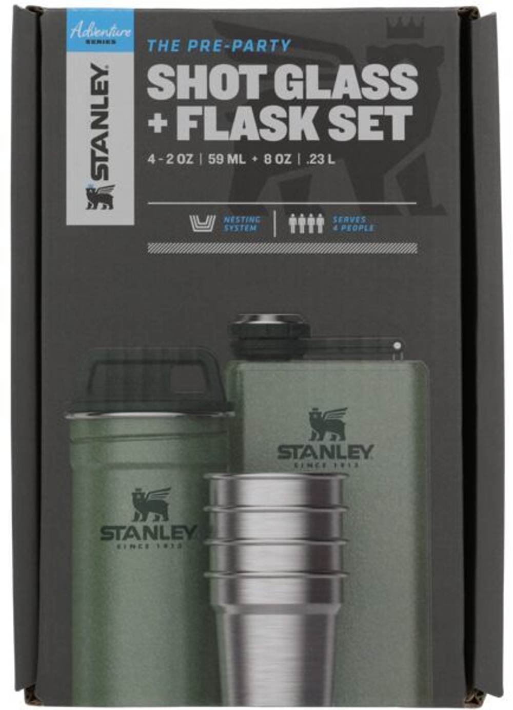 Набор подарочный Stanley Adventure (фляга 0,23 л+стопки 4 шт по 59 мл+футляр), темно-зеленый