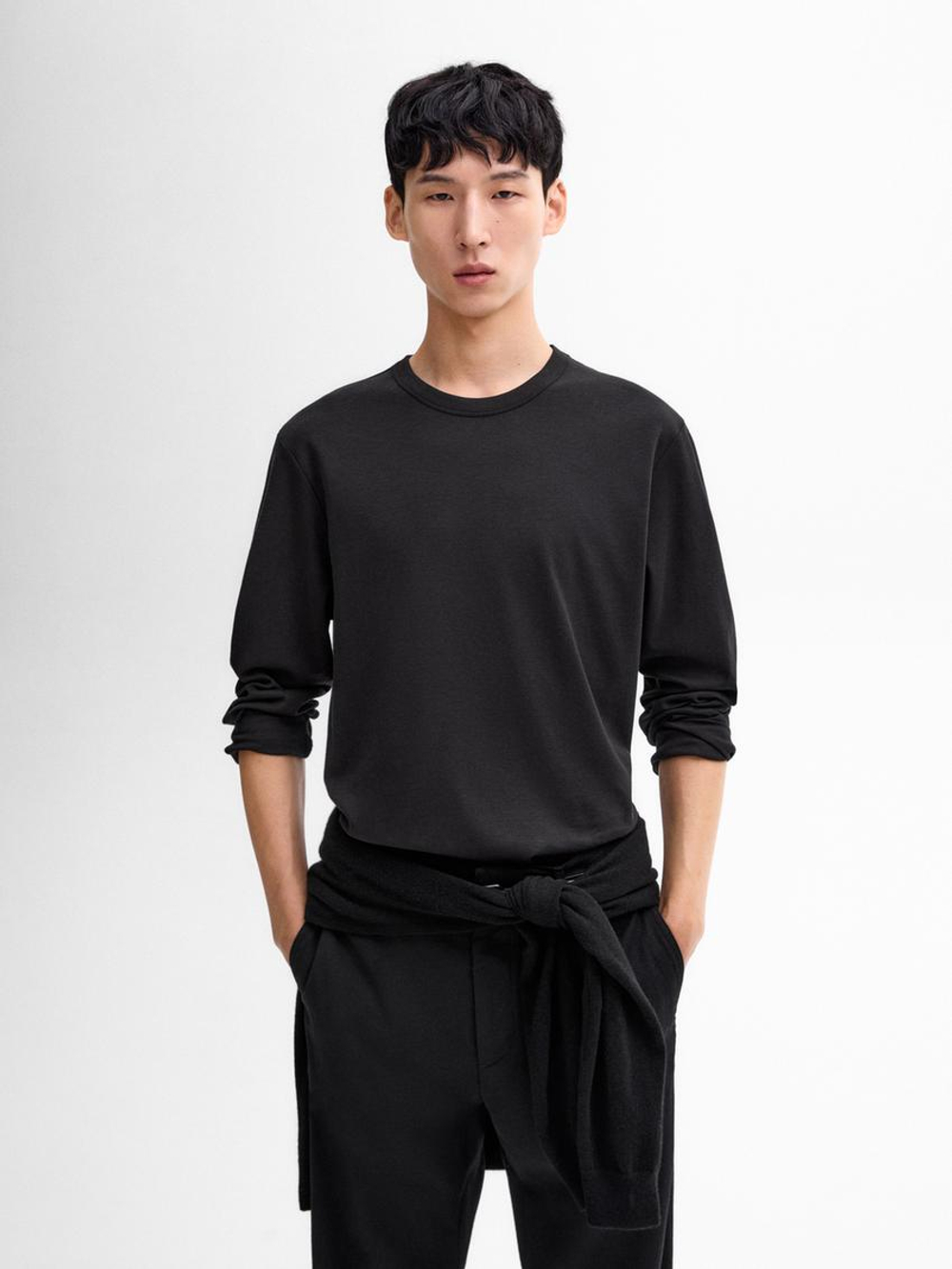 Massimo Dutti Футболка из смесового хлопка, черный