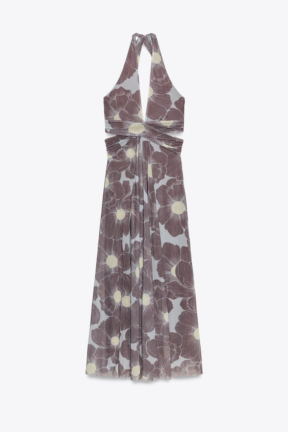 ZARA ДЛИННОЕ ПЛАТЬЕ ИЗ ТЮЛЯ С ПРИНТОМ И ВЫРЕЗАМИ, СЕРО-КОРИЧНЕВЫЙ