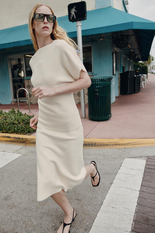 ZARA ТРИКОТАЖНАЯ ЮБКА МИДИ, ЭКРЮ