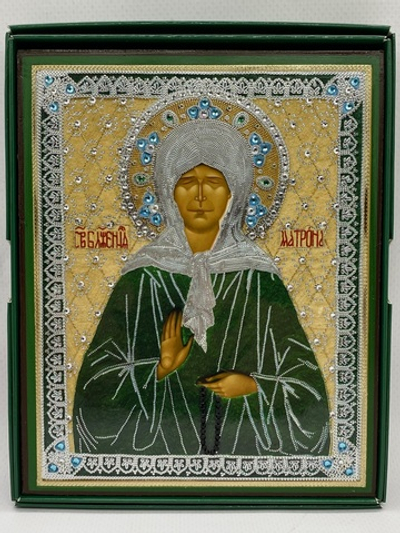 Блаженная Матрона Московская ( украшение стразы) в подарочной коробке 25х19