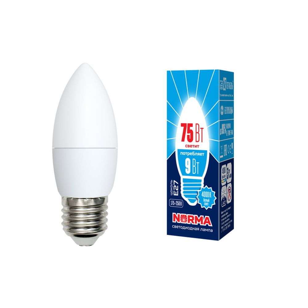 LED-C37-9W/NW/E27/FR/NR Лампа светодиодная. Форма свеча, матовая. Серия Norma. Белый свет (4000K). Картон. ТМ Volpe