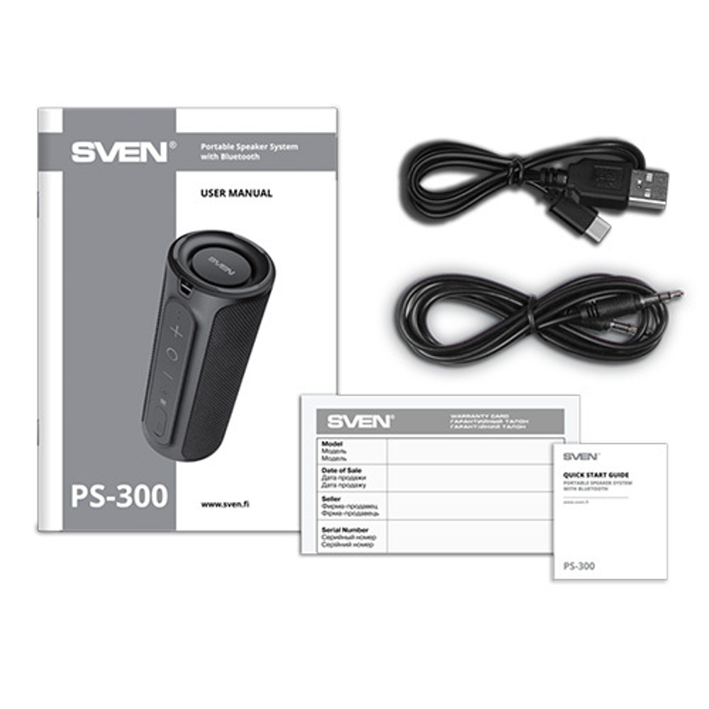 Портативная колонка SVEN PS-300, черный (24 Вт, Waterproof (IPx7), TWS, Bluetooth, 2000мА*ч)