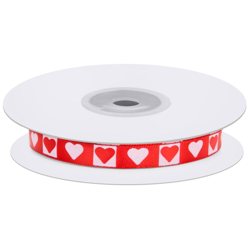 Лента декоративная (1 см*22,85 м) Сердечки, Красный/Белый, 1 шт.