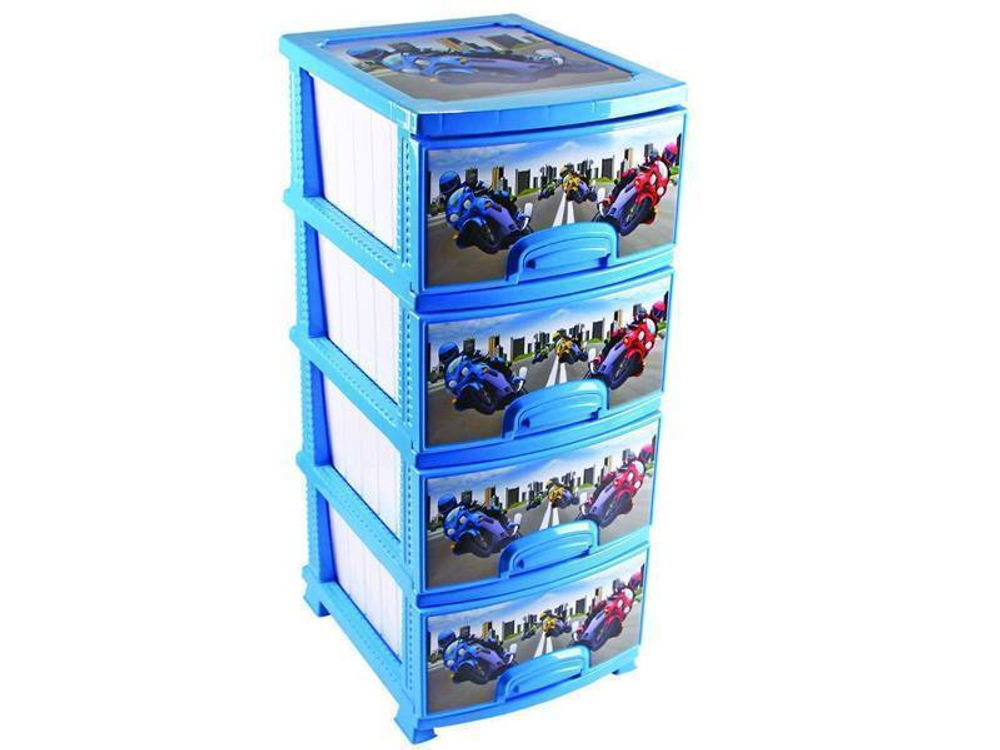 Комод 4-х секционный "Мотокросс" голубой/белый