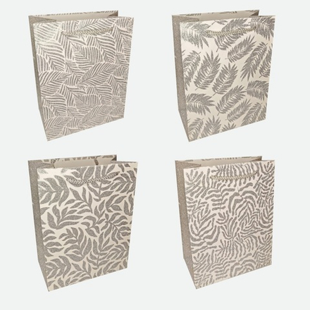 Пакет подар. бумажн. 26*32*12 см 210 гр/м2 Листья серебро, 4 дизайна