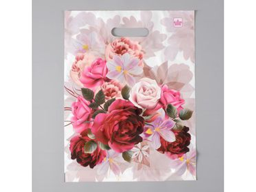 Пакет с вырубной ручкой Малахит 31*40см 60мк Пионы на бежевом (50шт/уп)