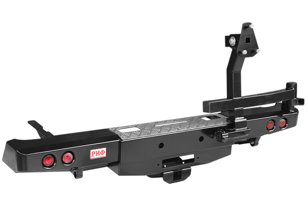 Бампер силовой задний Toyota Hilux 2005-2014 с площадкой под лебёдку, квадратом под фаркоп, калиткой, фонарями, комплектом для подсветки номера РИФ