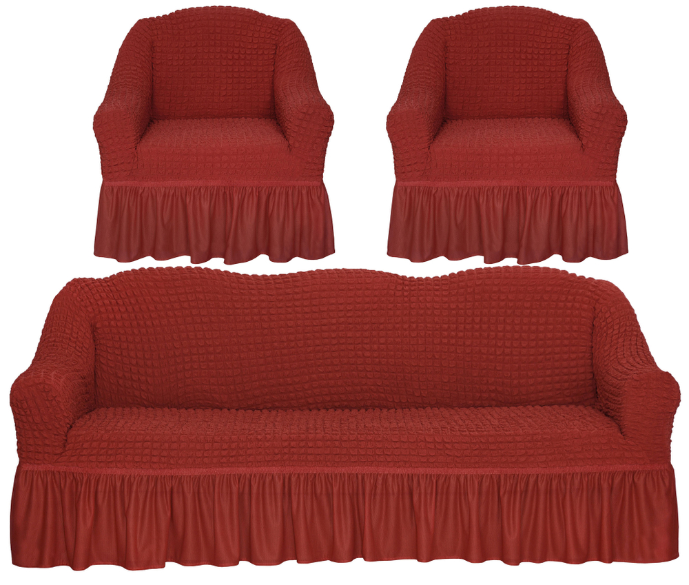 Комплект чехлов на трехместный диван и кресла с оборкой, цвет Терракот