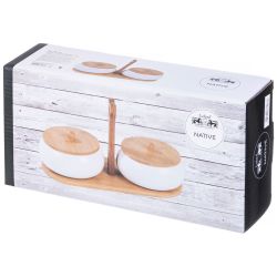 НАБОР БАНОК С ДЕРЕВ. КРЫШКОЙ LEFARD "NATIVE" 2 ШТ. 11,5 СМ 270 МЛ НА ДЕРЕВ. ПОДСТАВКЕ (КОР=36ШТ.)