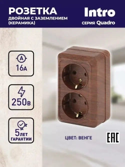 Розетка Intro Quadro 2-204-10 с заземлением двойная 2х2P+E Schuko 16А-250В IP20 открытой установки венге
