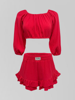 Костюм BB mode однотонный из топа с длинным рукавом и шорт с рюшами